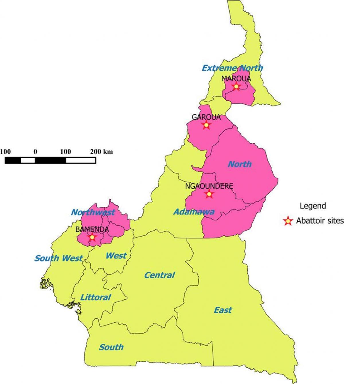 Камерун покажува региони мапа